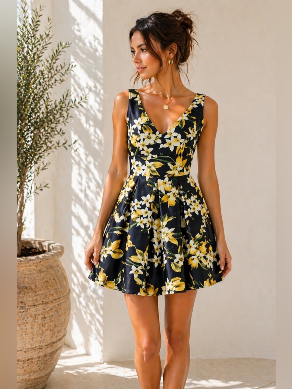 Luxxel Navy Yellow White Floral Fit & Flare Bow Back Dress Medium - Picture 10 of 12